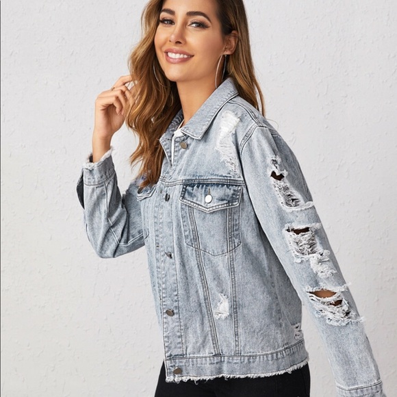 SHEIN Blue Ripped Denim Jacket - Picture 4 of 9